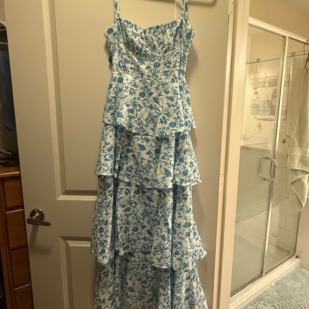 Blue and White Floral Tiered Dress